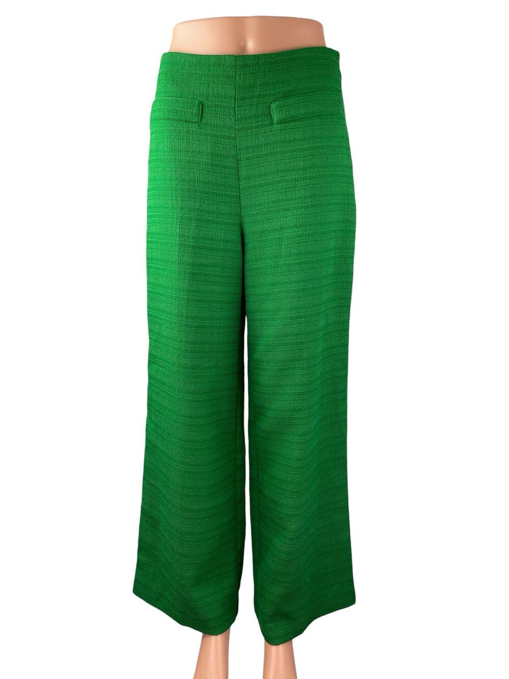 MNG Mango Women Green Tweed High Rise Straight Palazzo Wide Leg Trousers Pants 6